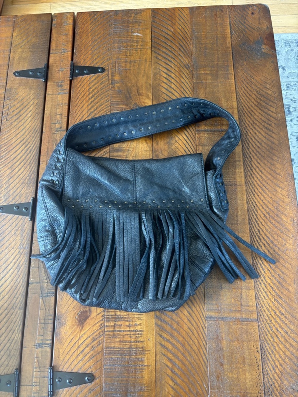 Gianni Bini Black Leather Fringe Shoulder Bag